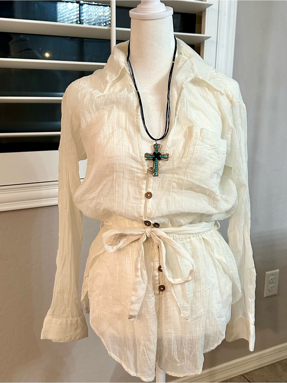 Light Cream Button-Front Tie-Waist Romper